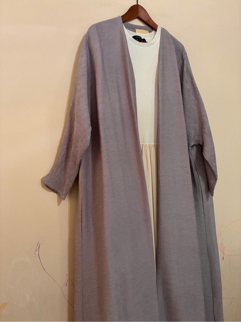 Women's Open Front Lavender Gray Long Duster Abaya Coat - Picture 2 of 8